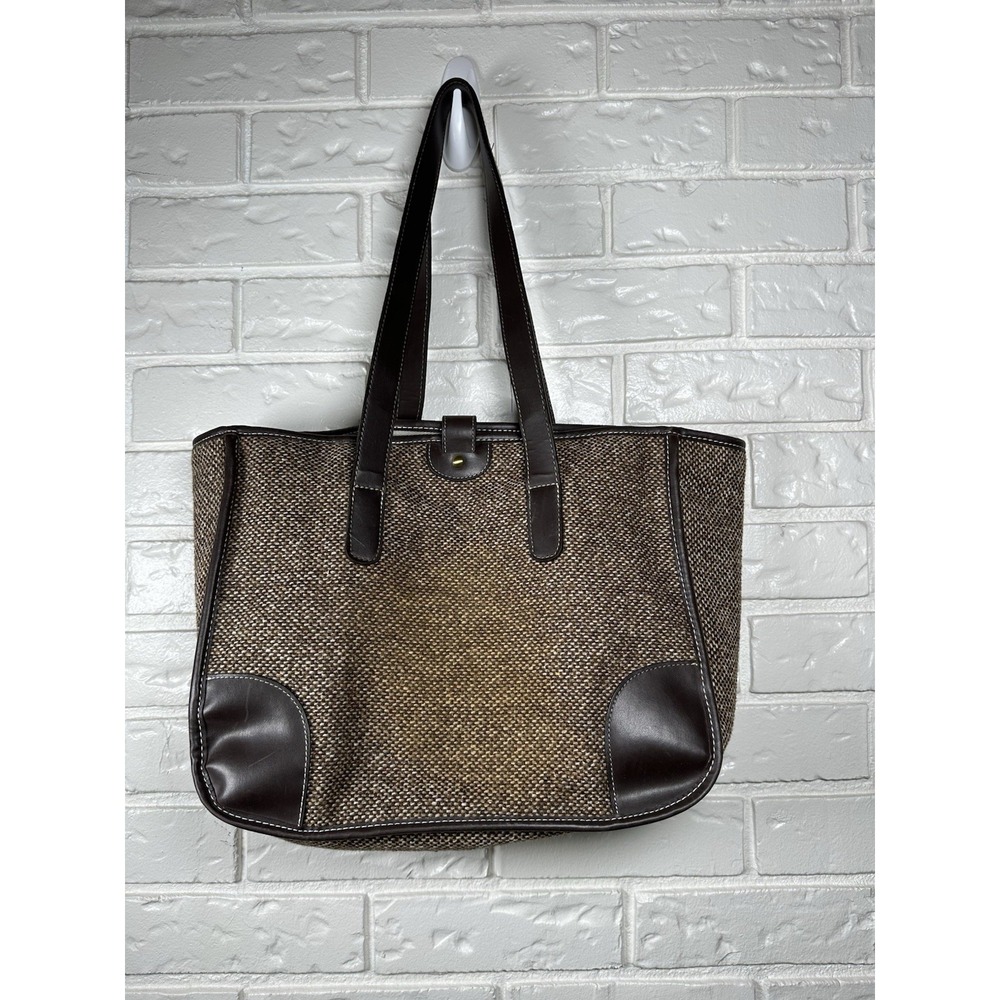 IZOD Brown Tweed Tote Bag Faux Leather Trim‎ Large Shoulder Bag - Picture 8 of 10